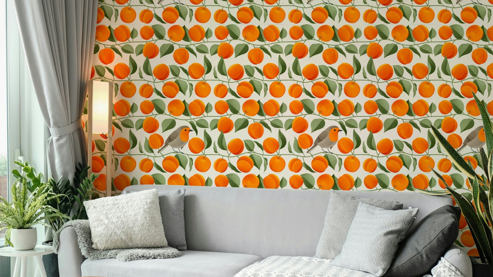 Robin bird wallpaper with apricot fruit pattern

