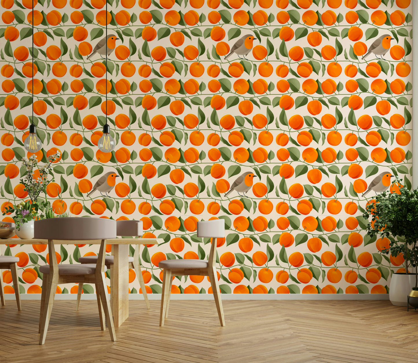 Illustrated robin among apricot wallpaper design

