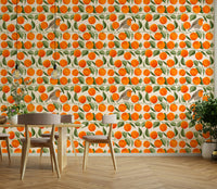Illustrated robin among apricot wallpaper design

