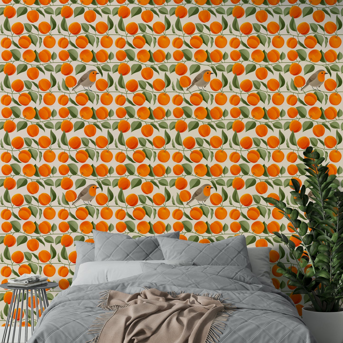 Playful fruit wallpaper with small bird detail

