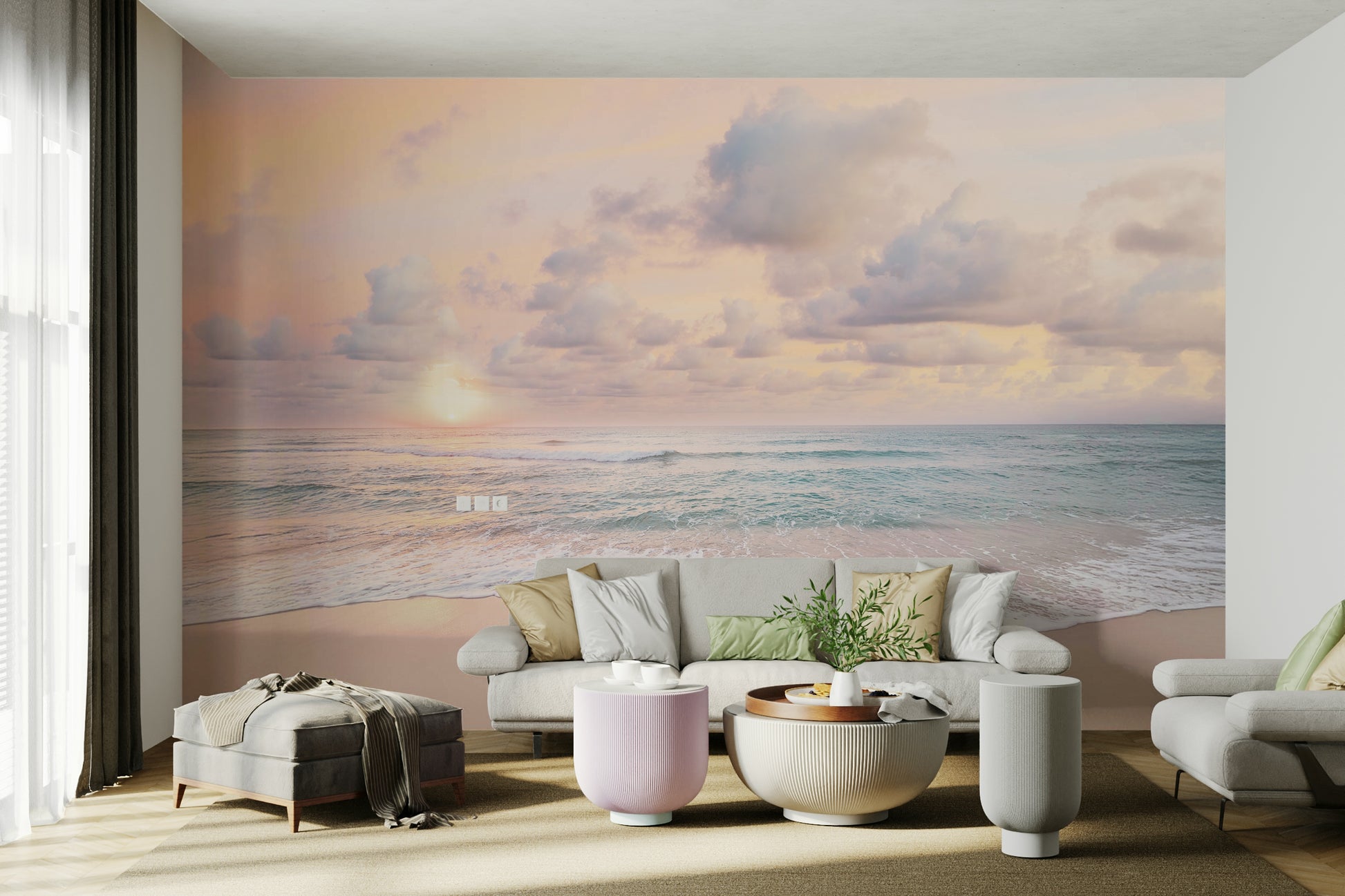 Subtle sunrise tones in calming wall mural

