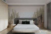 Sandy beige and blue cactus pattern wallpaper

