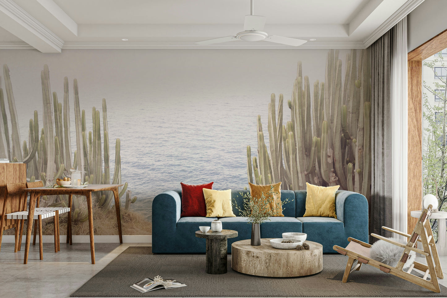 Coastal cactus wall mural in soft tones

