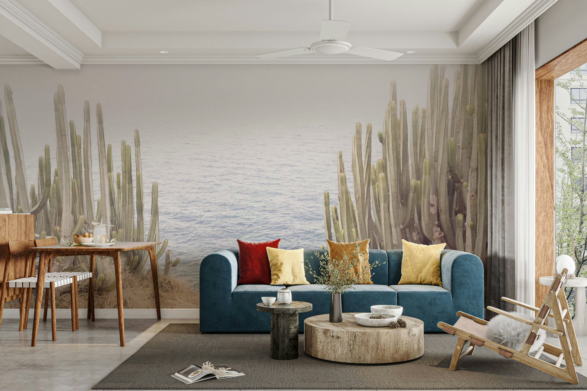 Coastal cactus wall mural in soft tones

