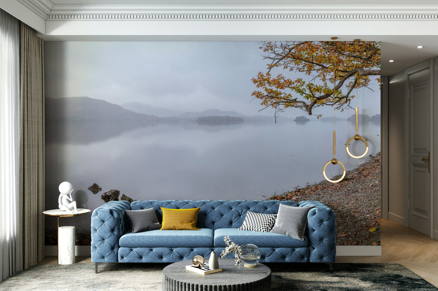 Peaceful lake wallpaper with tree branches above

