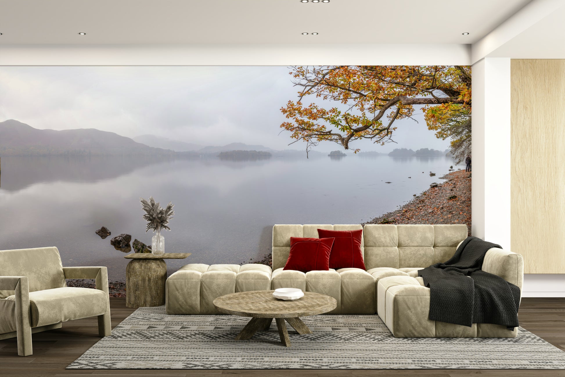 Serene lake view mural with soft grey sky

