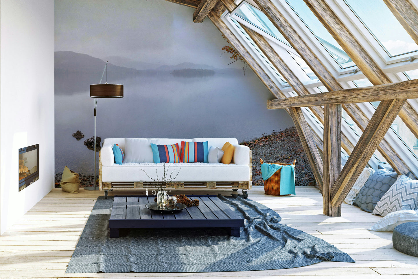 Calm water and distant hills mural wallpaper

