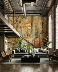 Golden leaves and tall tree mural wallpaper

