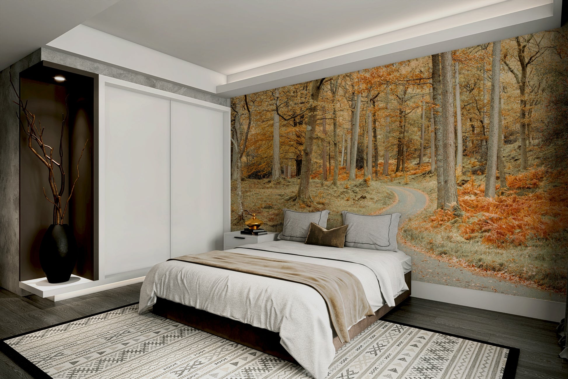 Forest trail wallpaper in earthy tones

