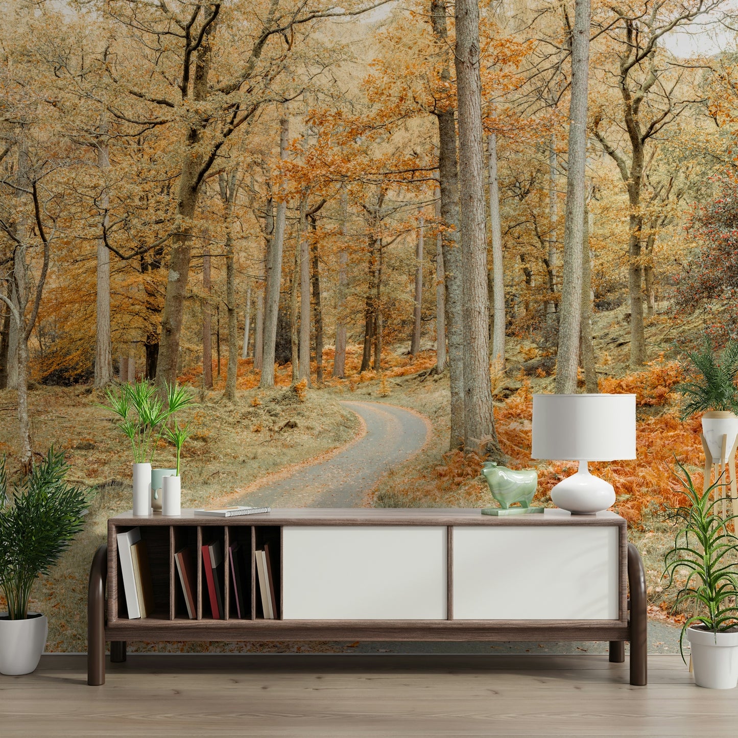 Road in autumn woods wall mural

