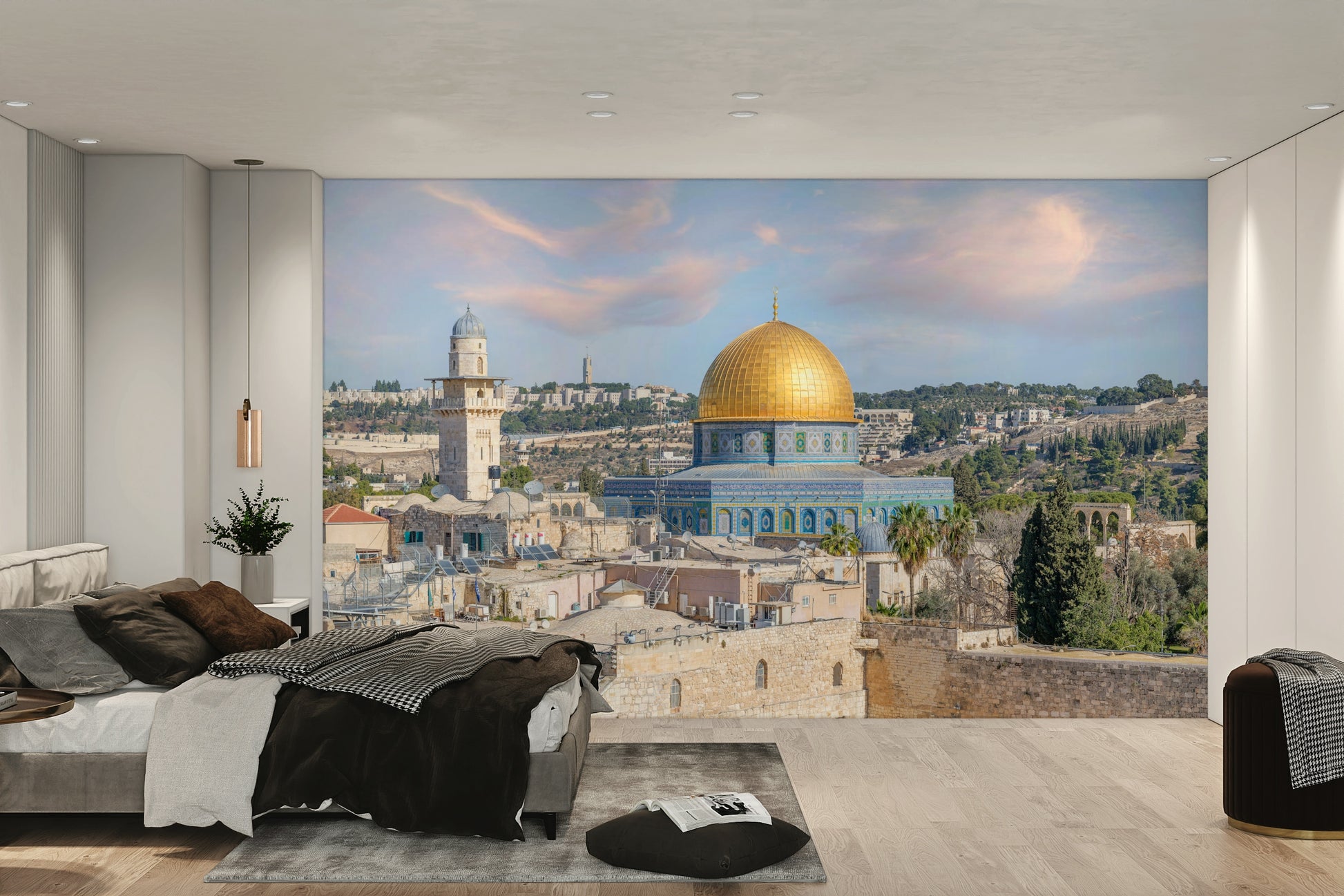 Peaceful wall mural of historic Middle Eastern city

