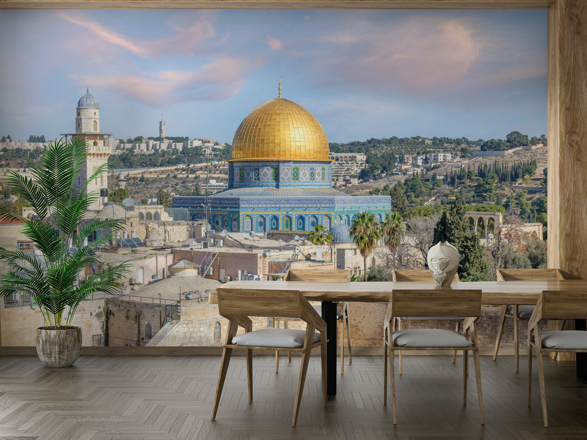 Mural wallpaper showing ancient rooftops and dome

