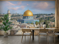Mural wallpaper showing ancient rooftops and dome

