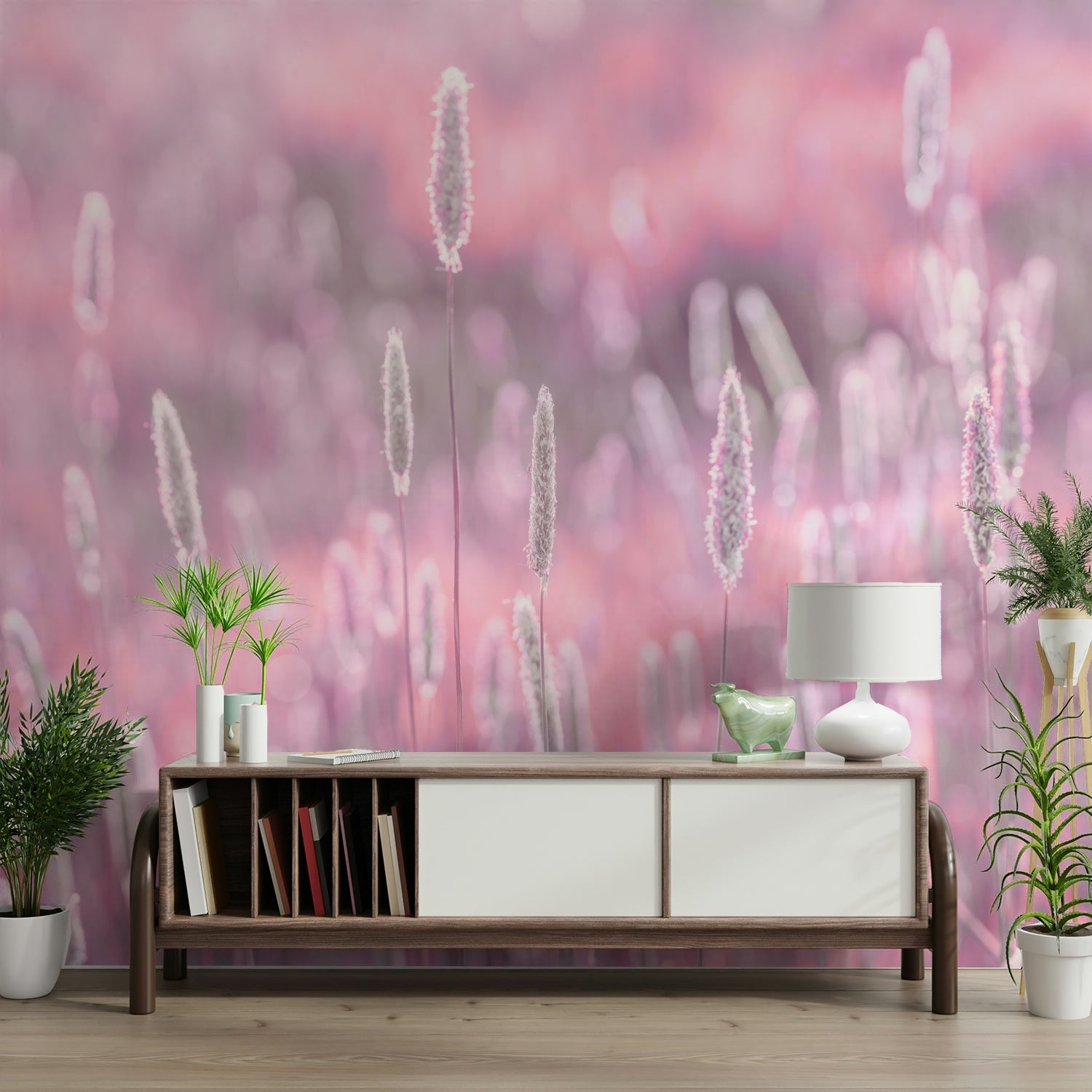 Dreamy pink nature-inspired wall mural

