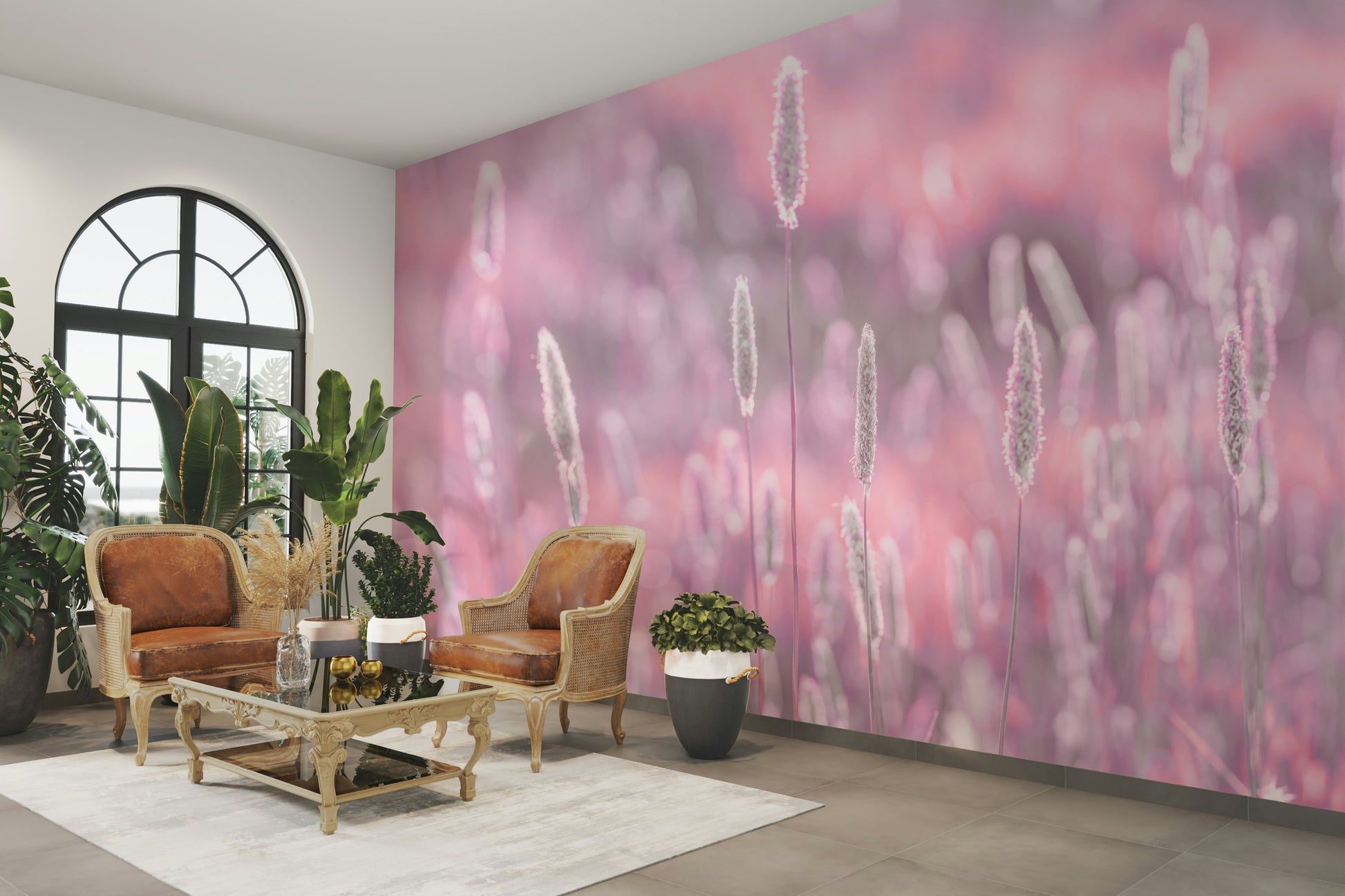 Meadow grass close-up mural in pink tones

