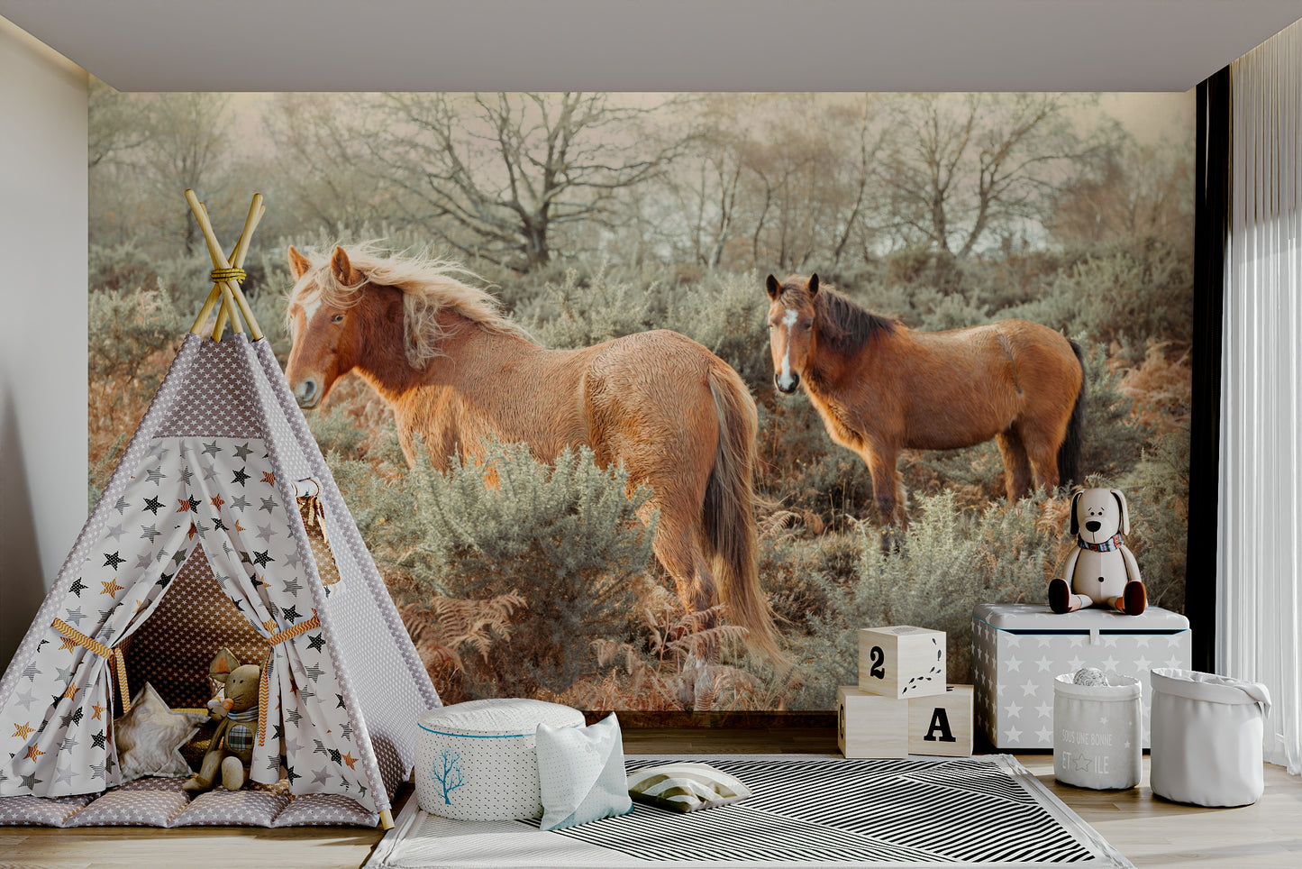 Horse-themed wallpaper in natural tones

