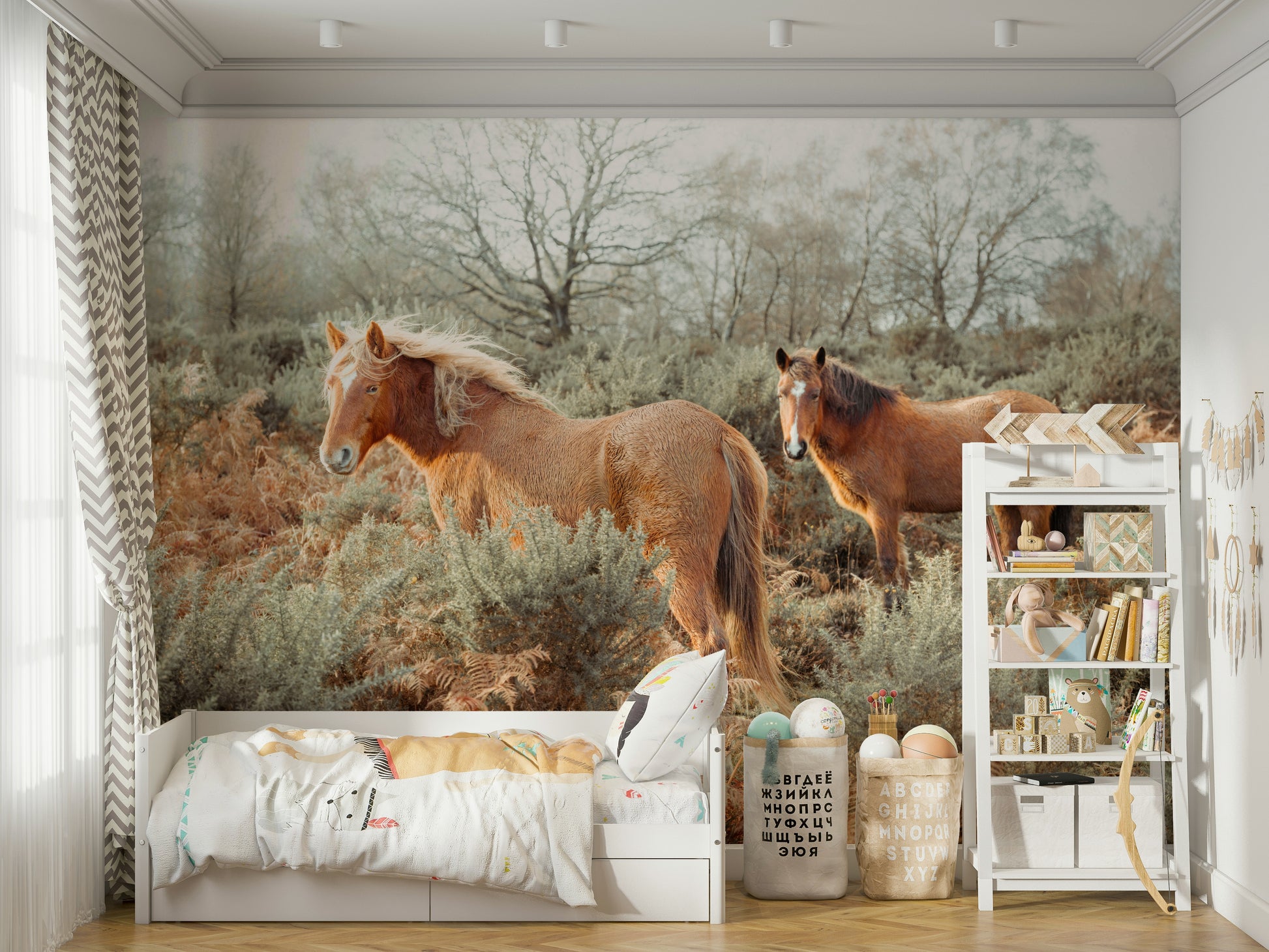 Strong and soft mural of running horses

