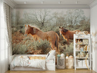 Strong and soft mural of running horses

