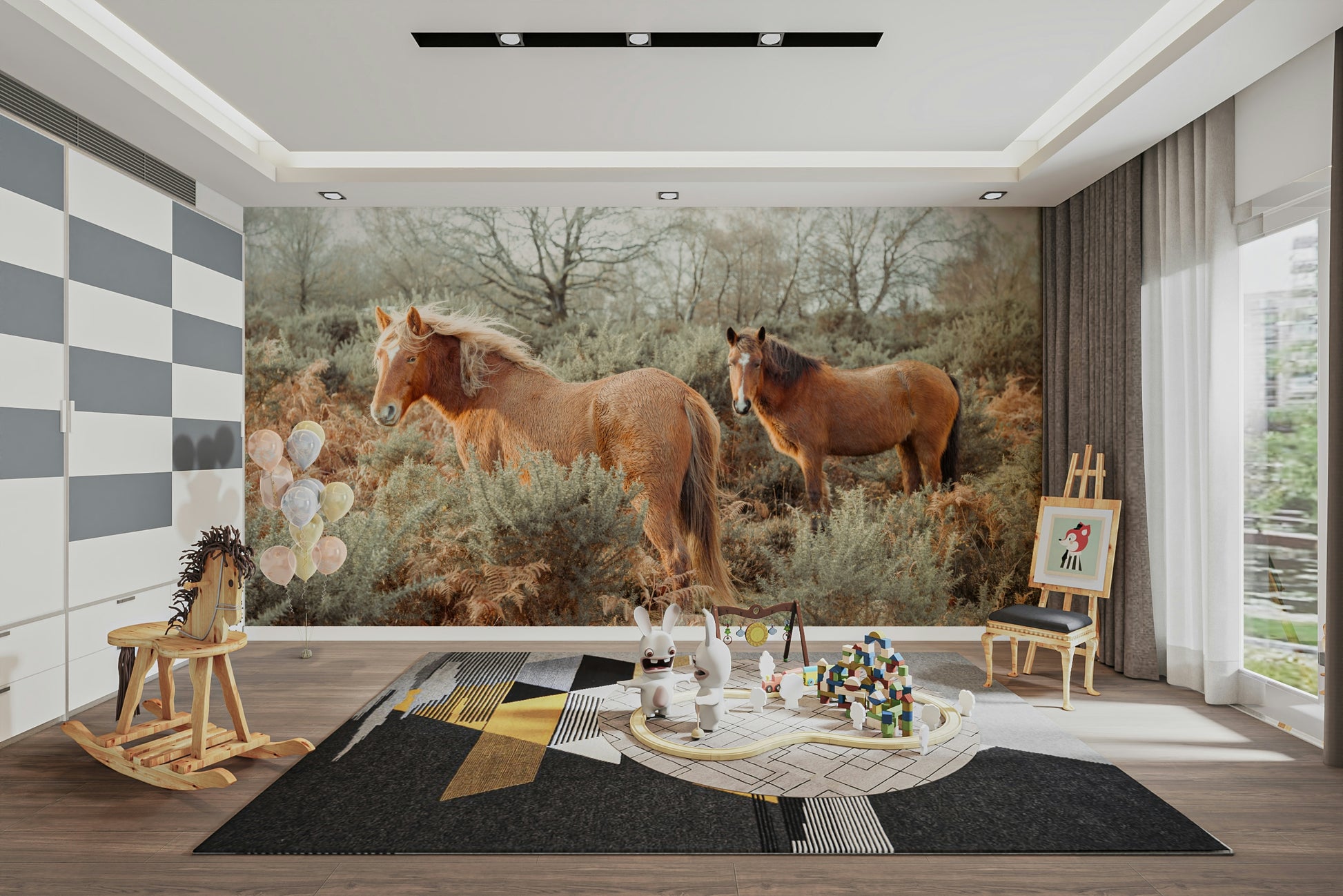 Wild horse wall design with earthy feel

