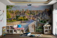 Scenic English town wall mural with trees

