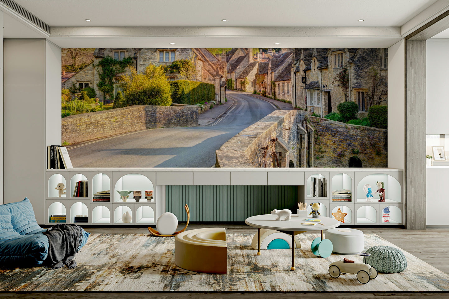 Stone house wallpaper in warm daylight

