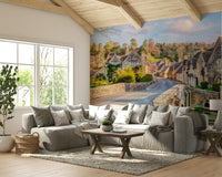 Peaceful mural wallpaper with rustic houses
