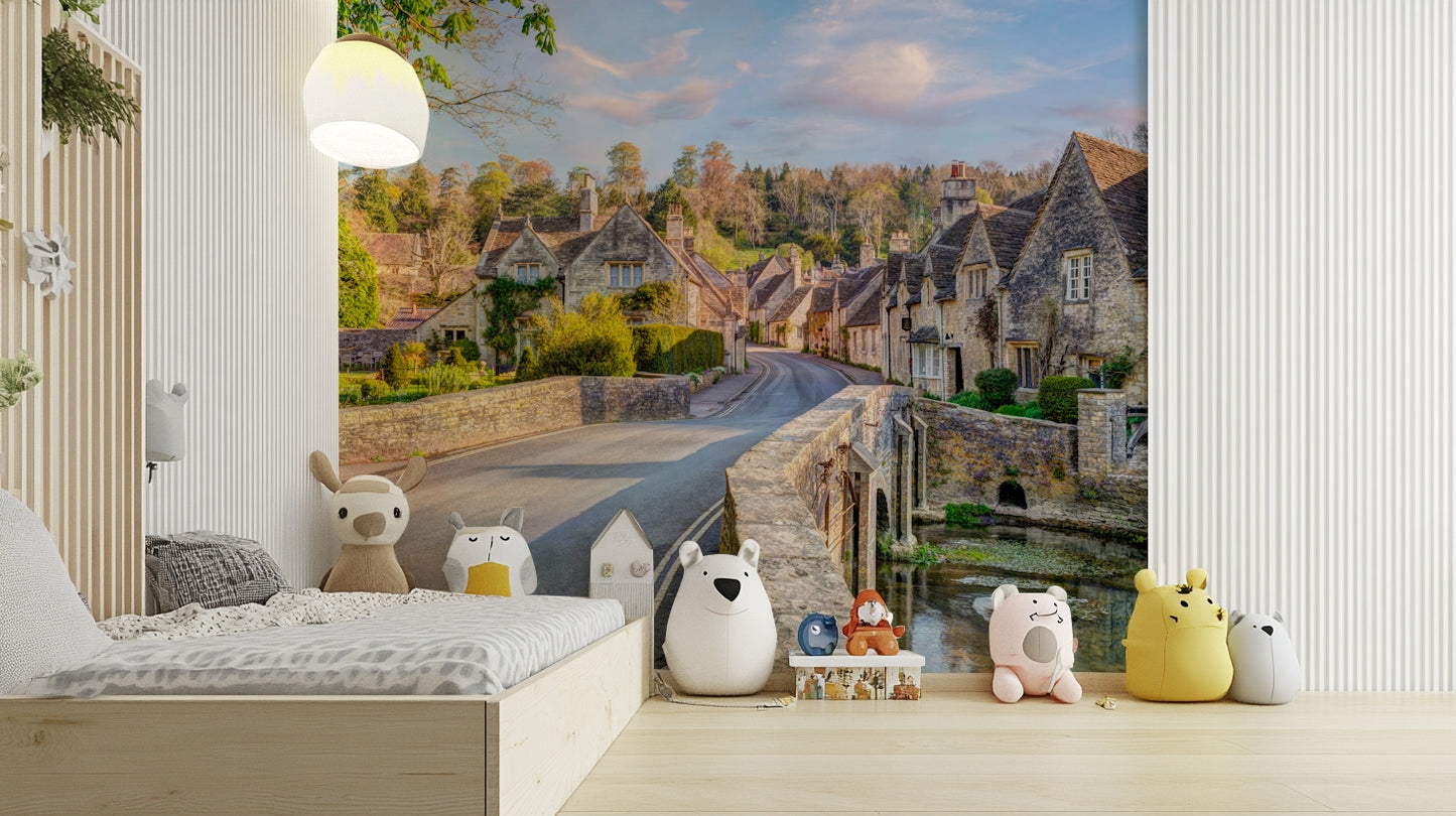 Mural of cobbled bridge and country homes
