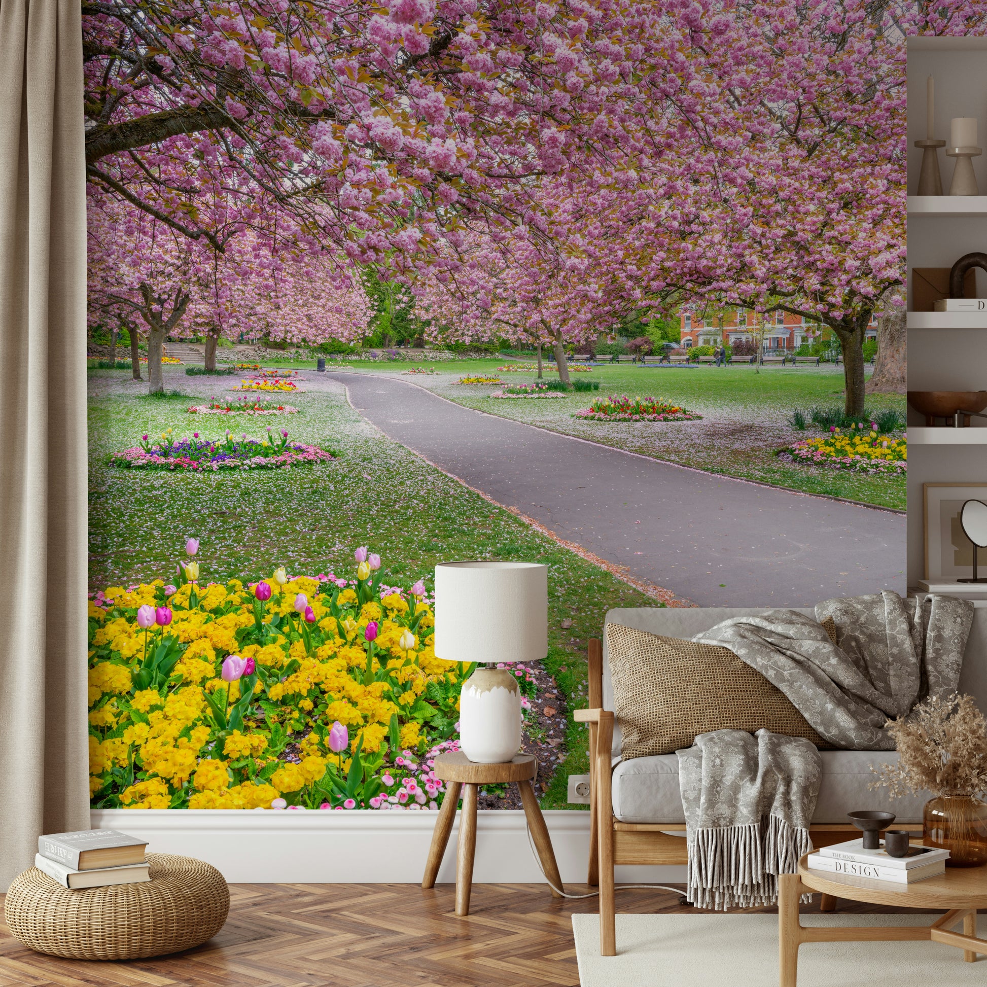 Peaceful garden mural with tulips and trees

