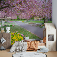 Mural wallpaper with path under blooming trees

