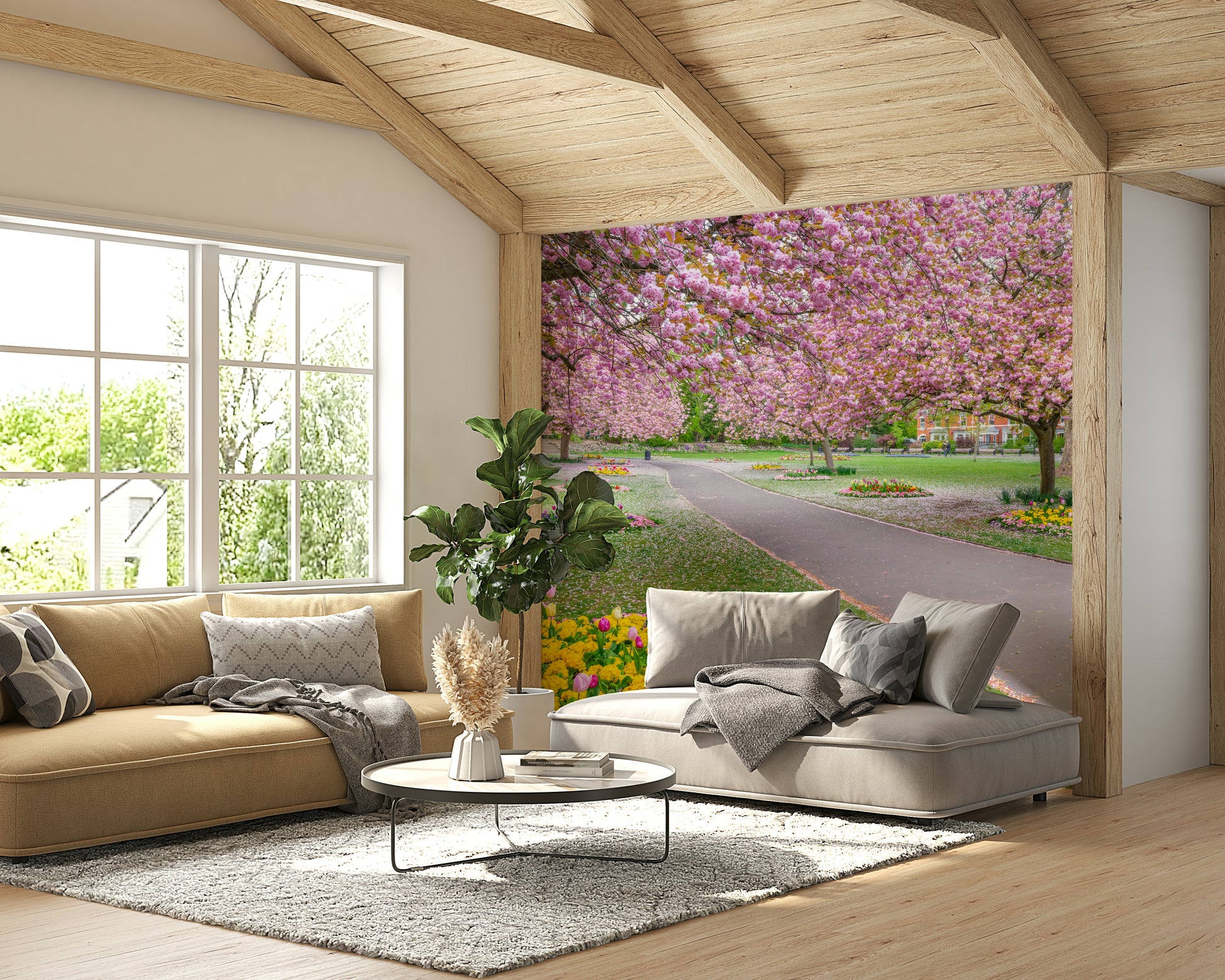 Spring park wall mural with cherry blossoms

