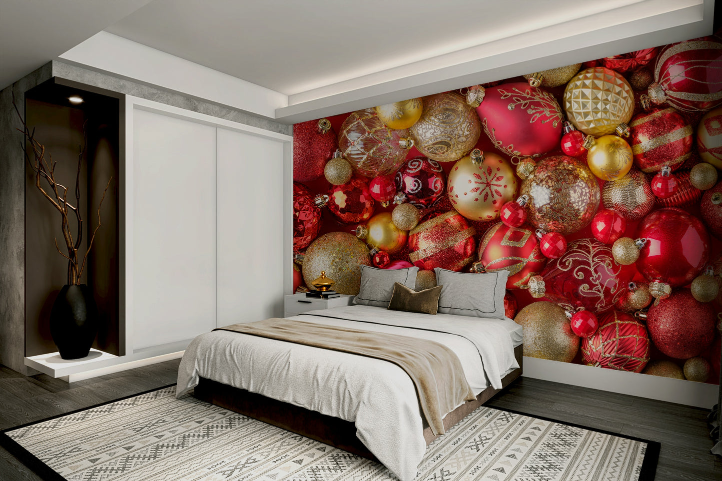 Artistic red mural with layered textures

