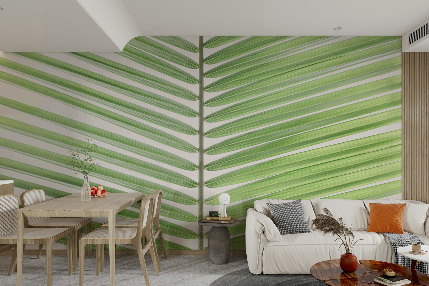 Palm frond wall mural in soft green tones
