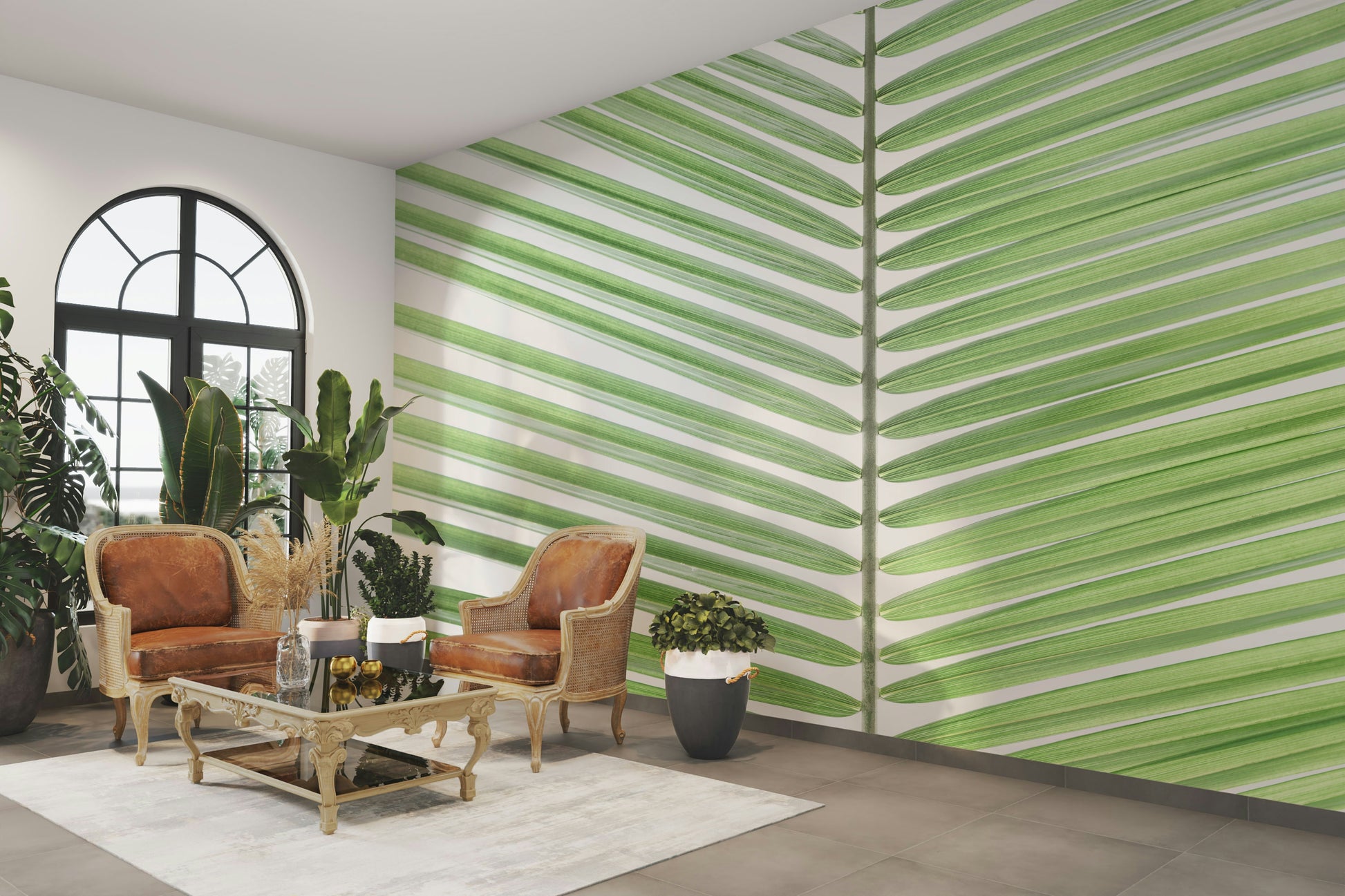 Calm botanical wall mural with layered leaves

