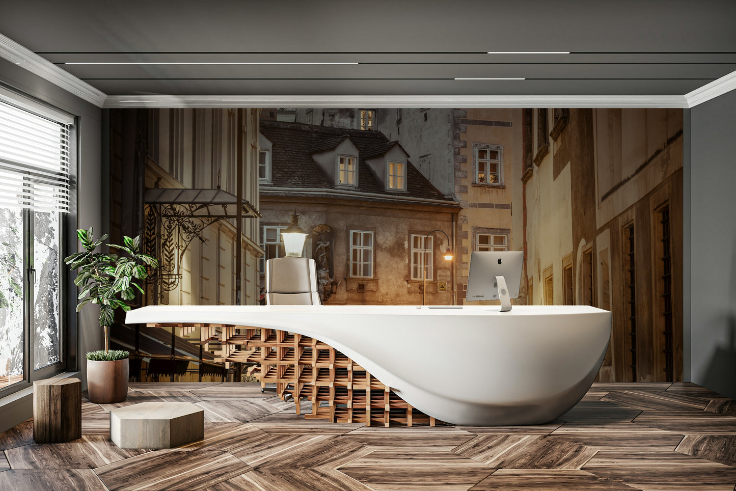 Subtle lighting adds warmth to the nighttime city scene

