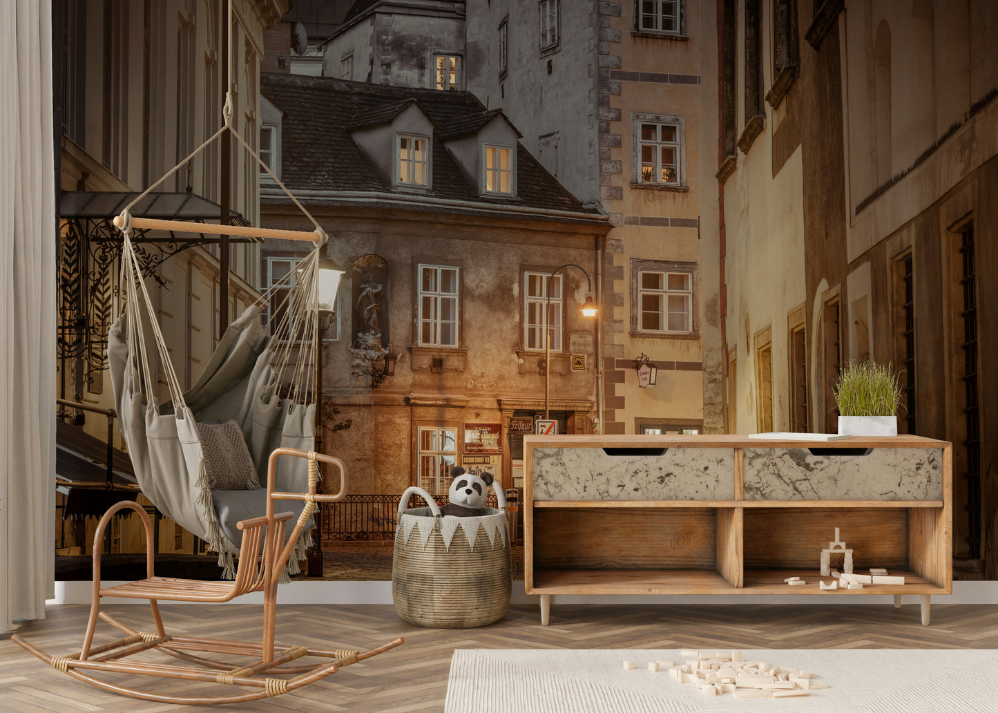 High-quality mural with warm tones and urban aesthetics

