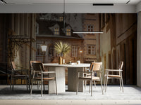 Nighttime Reverie on a Quaint Street Wall Mural with glowing street lamps

