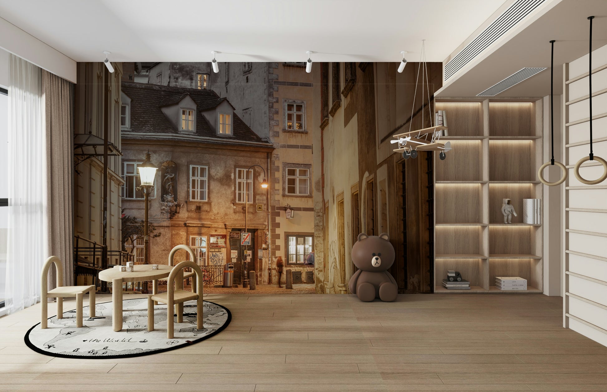 Soft lighting highlights the architecture of the buildings

