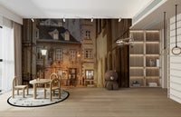 Soft lighting highlights the architecture of the buildings

