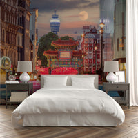 Lively Chinatown scene with illuminated signs and busy streets

