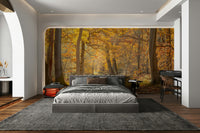 Forest path covered in golden foliage for a peaceful scene

