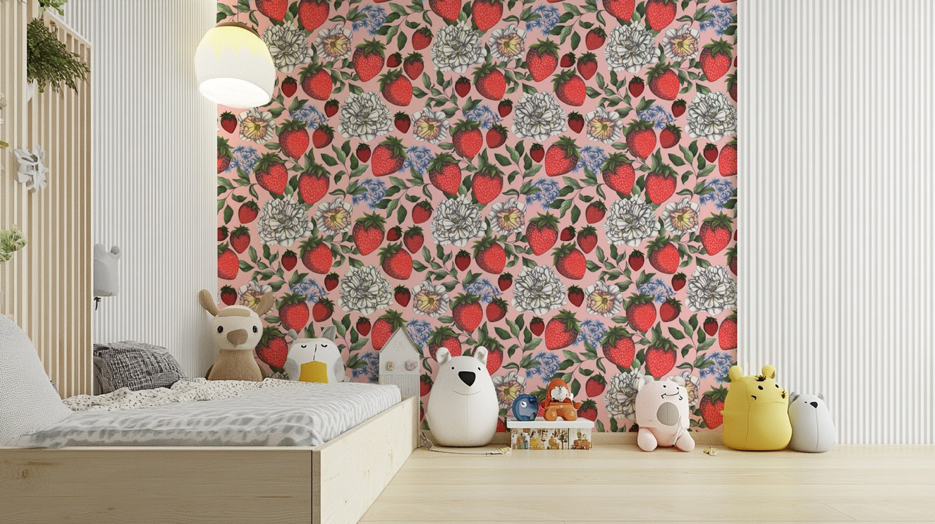 Delicate white flowers and greenery complement the strawberries

