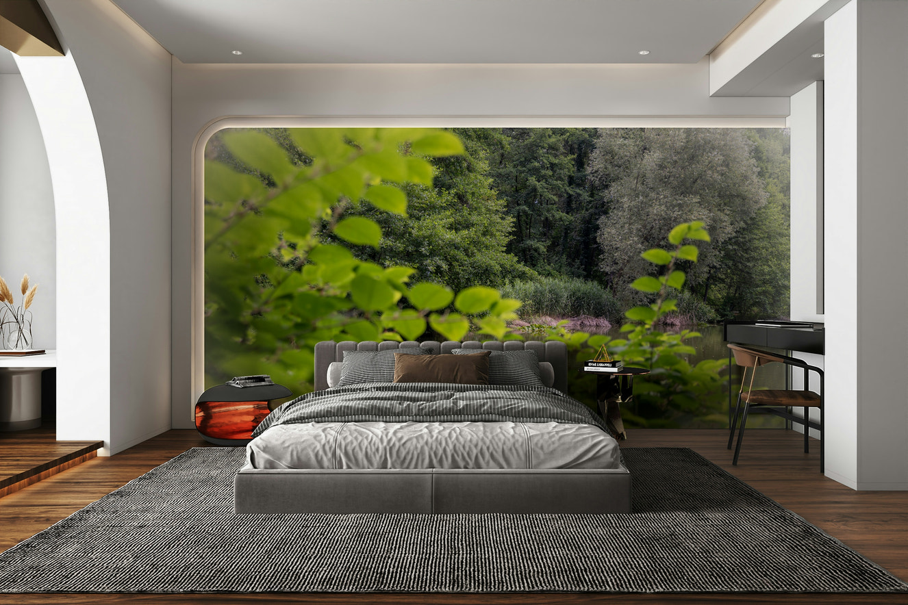 Tranquil Nature Scene Wall Mural with lush green foliage


