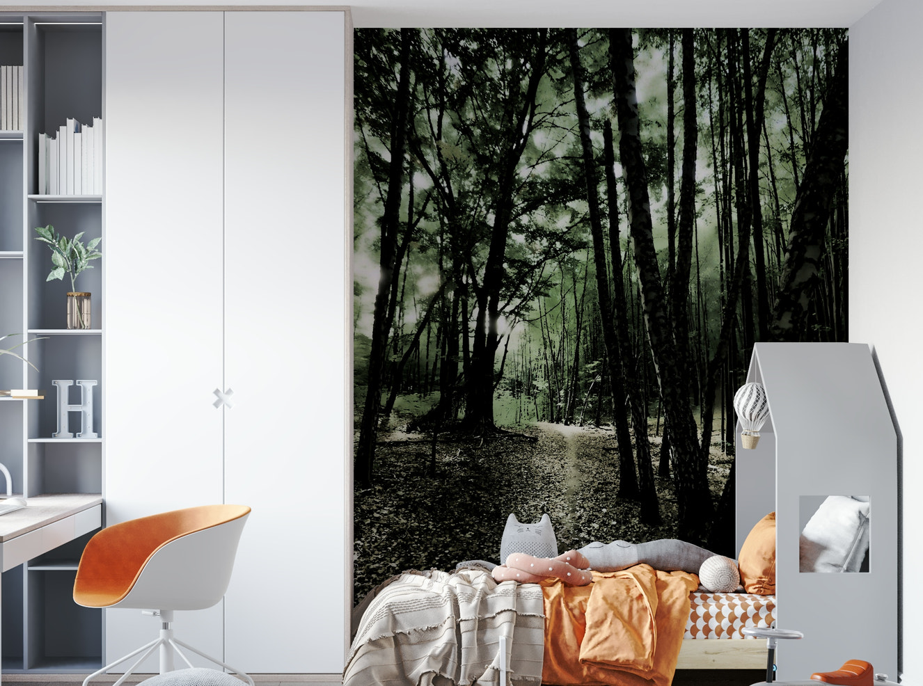 Enchanted Forest Pathway Wall Mural with dappled sunlight

