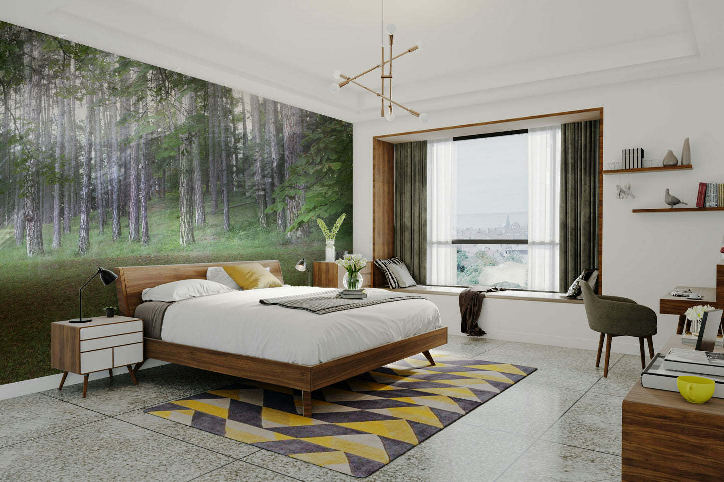 Soft hues and detailed forest design create serenity

