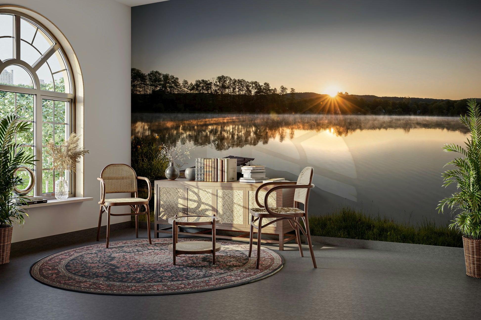 The color palette is composed of soft oranges, yellows, and pinks from the sunrise, with blues for the sky and water, and muted greens for any foliage.
