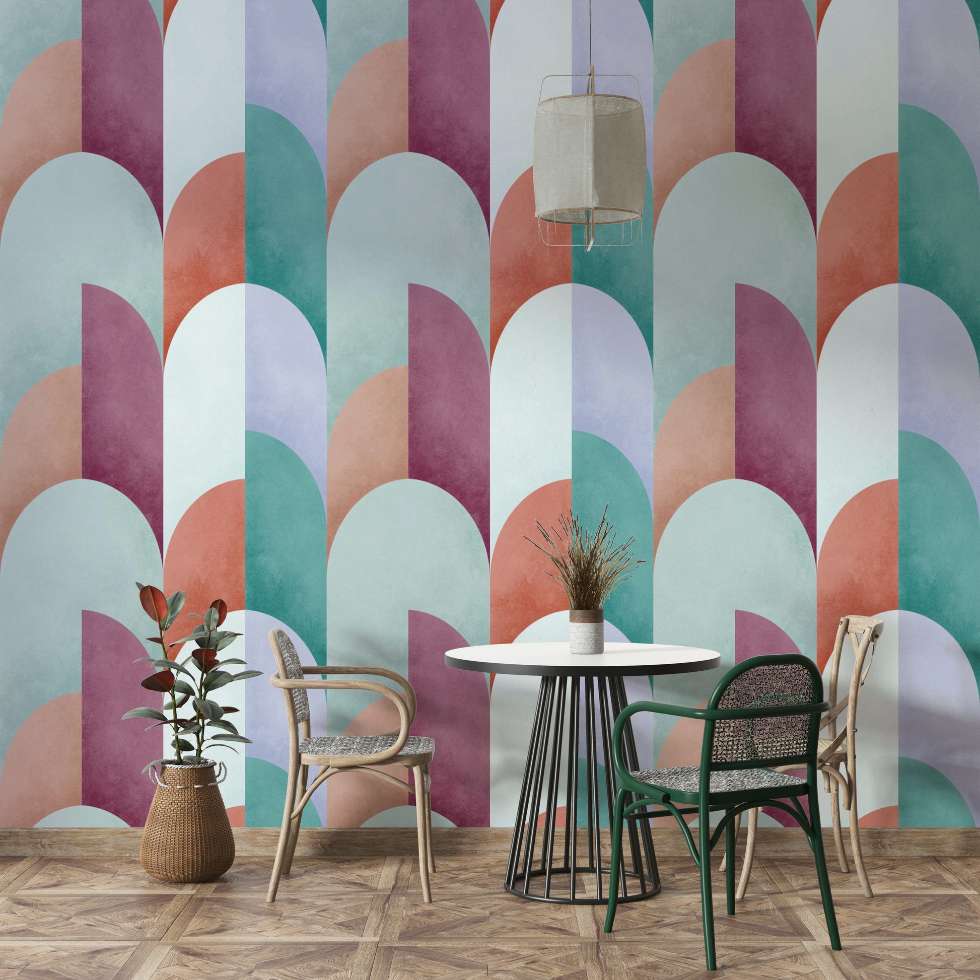 Features geometric shapes  arranged to resemble a sundown or sunset.
