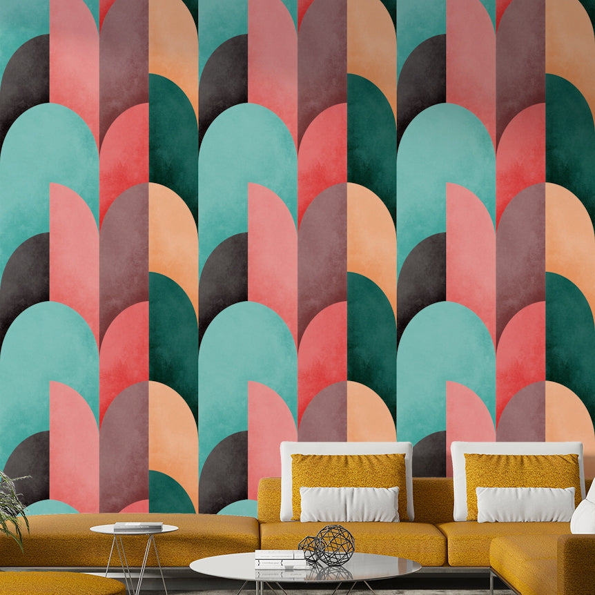 Features geometric shapes  arranged to resemble a sunrise.
