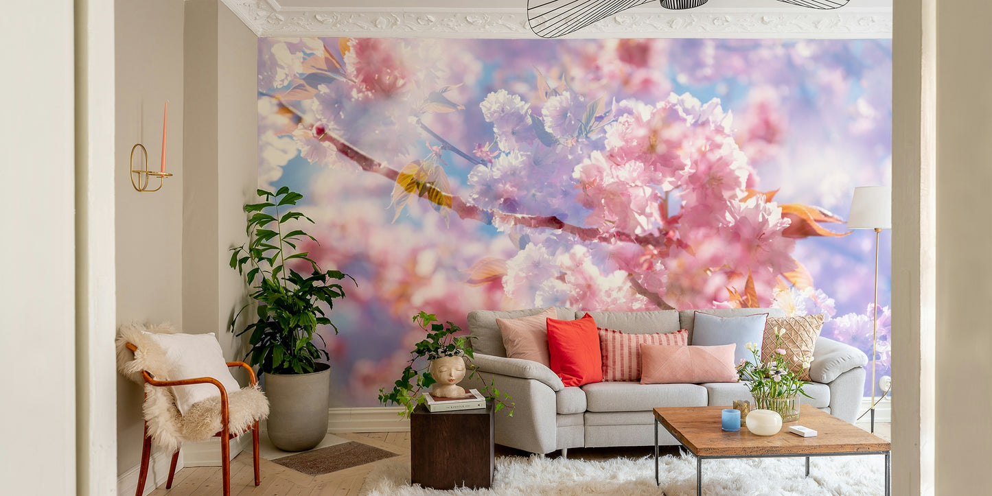 Features soft pink floral blossoms, rendered with a delicate, dreamlike, or blurred quality.
