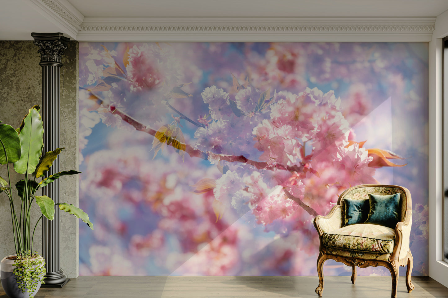 The color palette is composed primarily of soft pink hues, possibly with hints of green or muted backgrounds.
