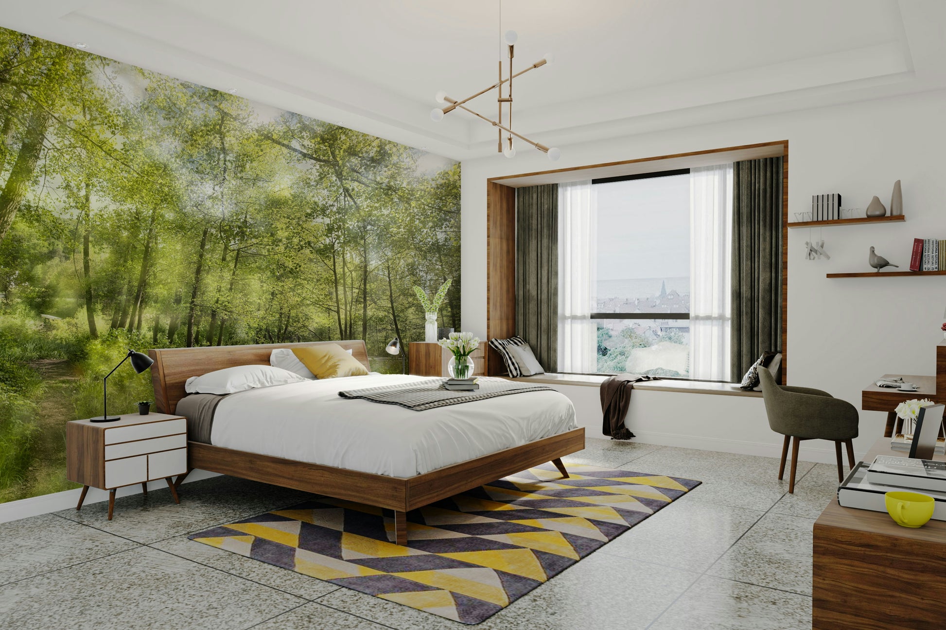 Features a forest landscape with lush greenery, perfectly reflected in calm, still water.
